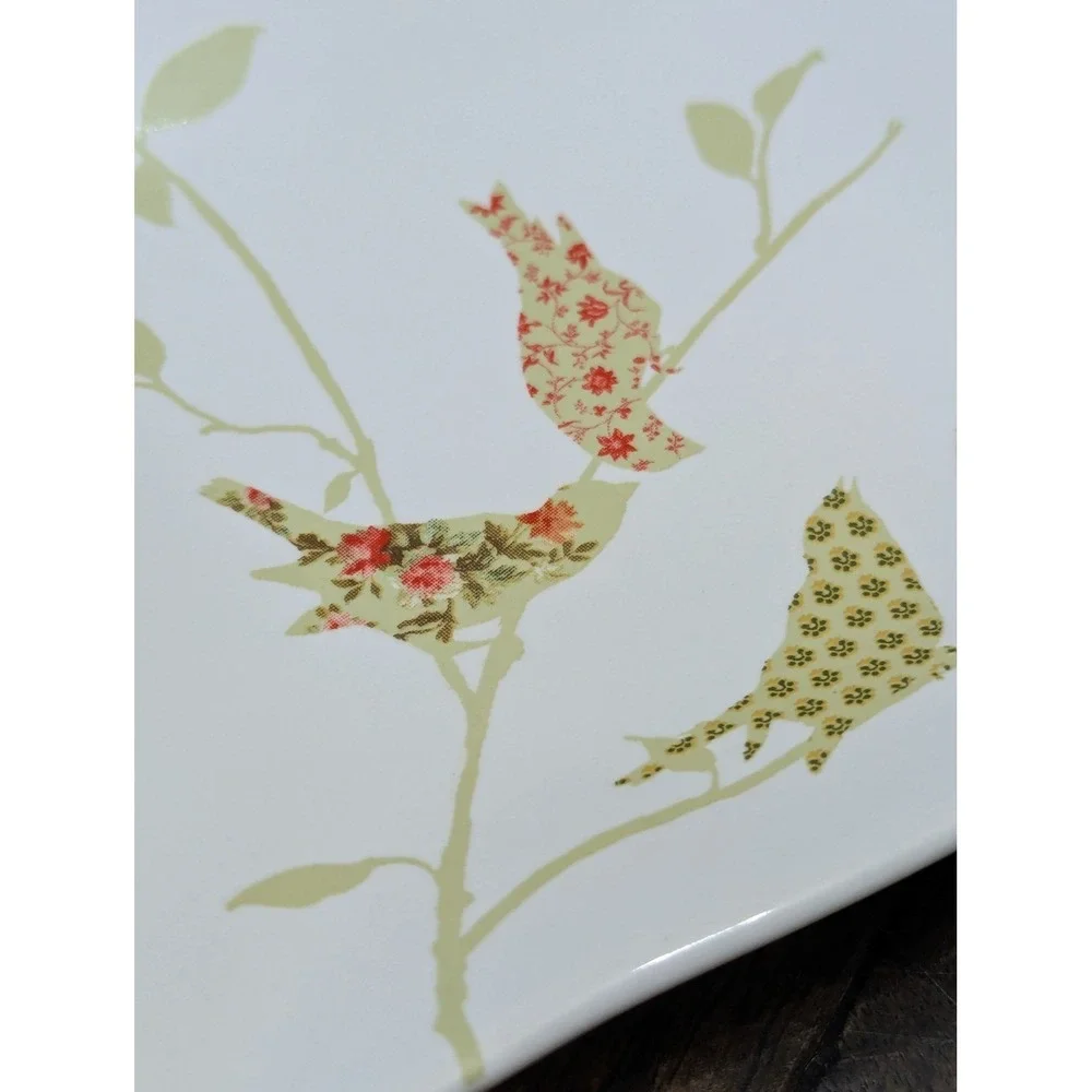 222 Fifth Chintz Birds Square Appetizer Plates Set of 4 White Floral Birds 5.5in
